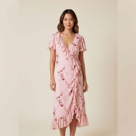 Cinq A Sept Fleur Sheila Ruffle Wrap Midi Dress In Pale Rose Multi Size 6 - Picture 4 of 12